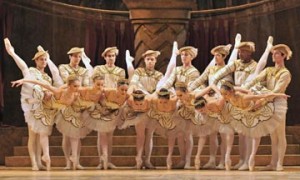 Royal Ballet in Raymonda Act III.Dancers, l-r (men first): Brian Maloney, Johannes Stepanek, Valeri Hristov, Alexander Campbell, Dawid Trzensimiech, Kenta Kura, Eric Underwood, Valentino Zuccheti, then ladies - Melissa Hamilton, Helen Crawford, Fumi Kaneko, Yasmine Naghdi, Yuhui Choe, Emma-Jane Maguire, Itziar Mendizabal, Hikaru Kobayashi.© Dave Morgan, by kind permission of the Royal Opera House. (Click image for larger version)