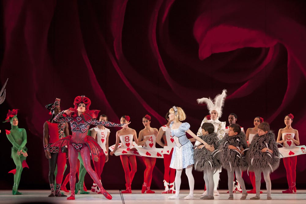 Sona Kharatian (The Queen of Hearts), Maki Onuki (Alice) and Jonathan Jordan (The White Rabbit) in The Washington Ballet's Alice (in Wonderland). © Brianne Bland. (Click image for larger version)