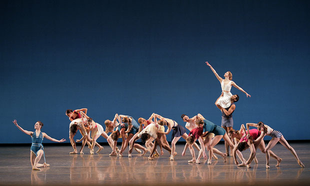 The finale of Justin Peck’s <I>Paz de la Jolla</I> with Tiler Peck in front (kneeling), Amar Ramasar and Sterling Hyltin in the rear.<br />© Paul Kolnik. (Click image for larger version)