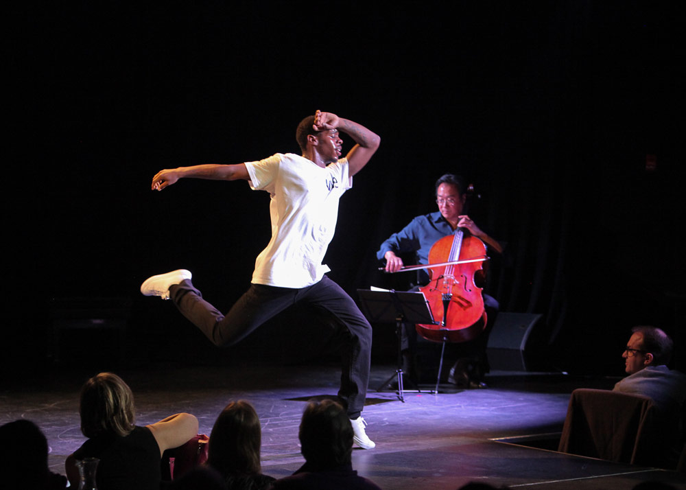 Lil Buck and Yo Yo Ma in in Philip Glass's <I>Orbit</I> (world premiere), part of <I>A Jookin' Jam Session</I>.<br />© Erin Baiano. (Click image for larger version)