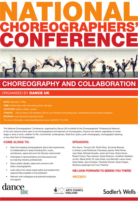 Flyer for the event.<br />© Dance UK. (Click image for larger version)<br />or see the <a href="https://dancetabs.com/wp-content/uploads/2013/05/ncc2013-schedule.pdf">complete 3 page pdf version</a> which includes the schedule for the day.