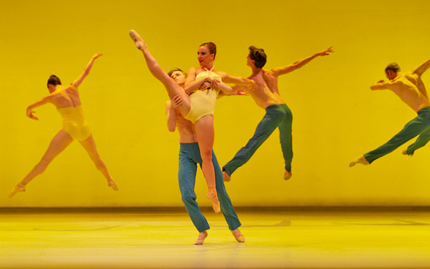 Christian Squires and Erica Chipp (center) with Jane Rehm, Jonathan Dummar and Joshua Reynolds in <I>Petal</I> by Helen Pickett.<br />© Keith Sutter. (Click image for larger version)