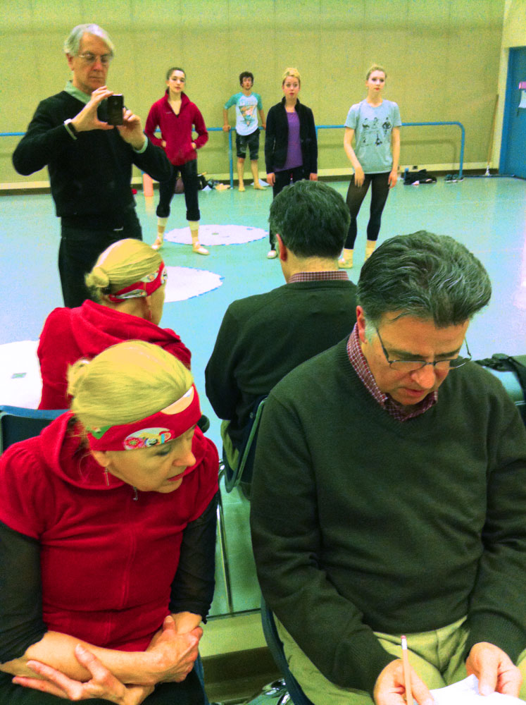 Millicent Hodson and Kenneth Archer rehearsing their reconstruction of the 1913 <I>Jeux</I>, after Vaslav Nijinsky and Leon Bakst, with ballet master Frank Smith and dancers at the University of North Carolina School for the Arts, 2013. © Kenneth Archer. (Click image for larger version)