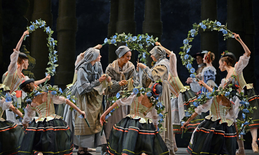 Knitting women and Garland Waltzers in <I>The Sleeping Beauty</I>.<br />© Dave Morgan, courtesy the Royal Opera House. (Click image for larger version)