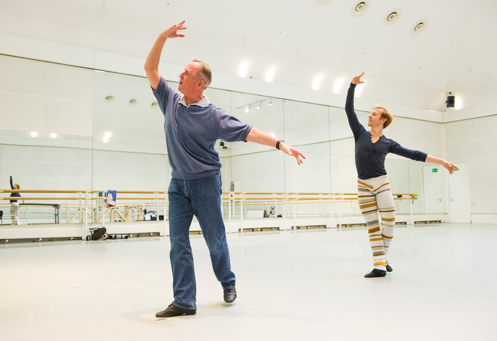 Steven McRae being coached by Christopher Carr in <I>Scènes de ballet</I> at the ROyal Opera House.<br />© ROH, 2014. Photographed by Tristram Kenton. (Click image for larger version)