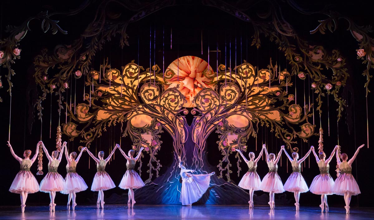 Araminta Wraith as the Godmother with Company members as Roses in Cinderella.© Andy Ross, Scottish Ballet. (Click image for larger version)