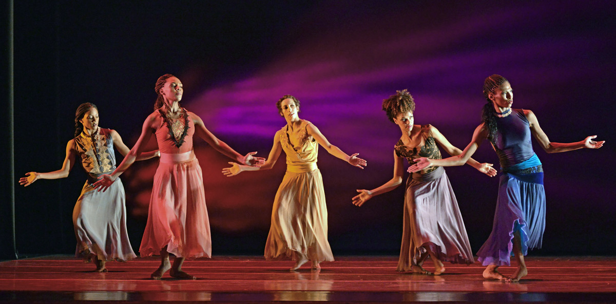 Jacqulin Harris, Samantha Figgins, Sarah Daley, Fana Tesfagioris and Jacqueline Green in Ronald K. Brown's Open Door.© Dave Morgan. (Click image for larger version)