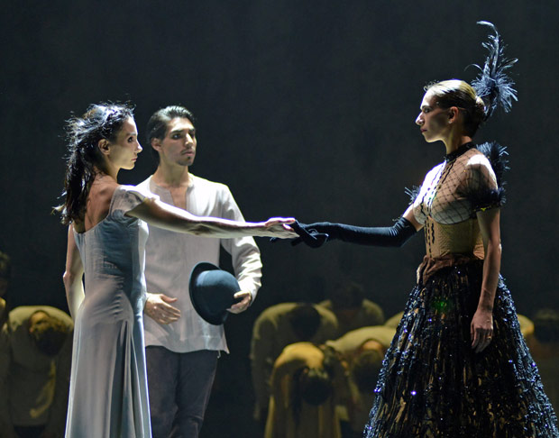 Tamara Rojo, Cesar Corrales and Begona Cao in Akram Khan's <I>Giselle</I>.<br />© Dave Morgan. (Click image for larger version)
