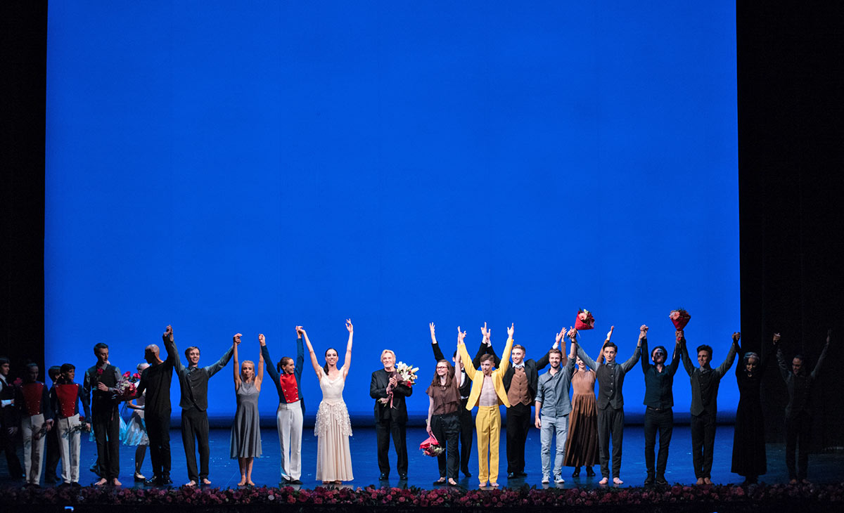 Dancers from Evgeny Panfilov Ballet Theatre with Vladimir Vasiliev at the end of the contemporary second half of the gala.© Nikita Chuntomov. (Click image for larger version)