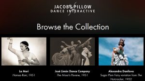Entry point to the Jacob’s Pillow Dance Interactive archive together with some index entries from the 1940s© Jacob’s Pillow. (Click image for larger version)
