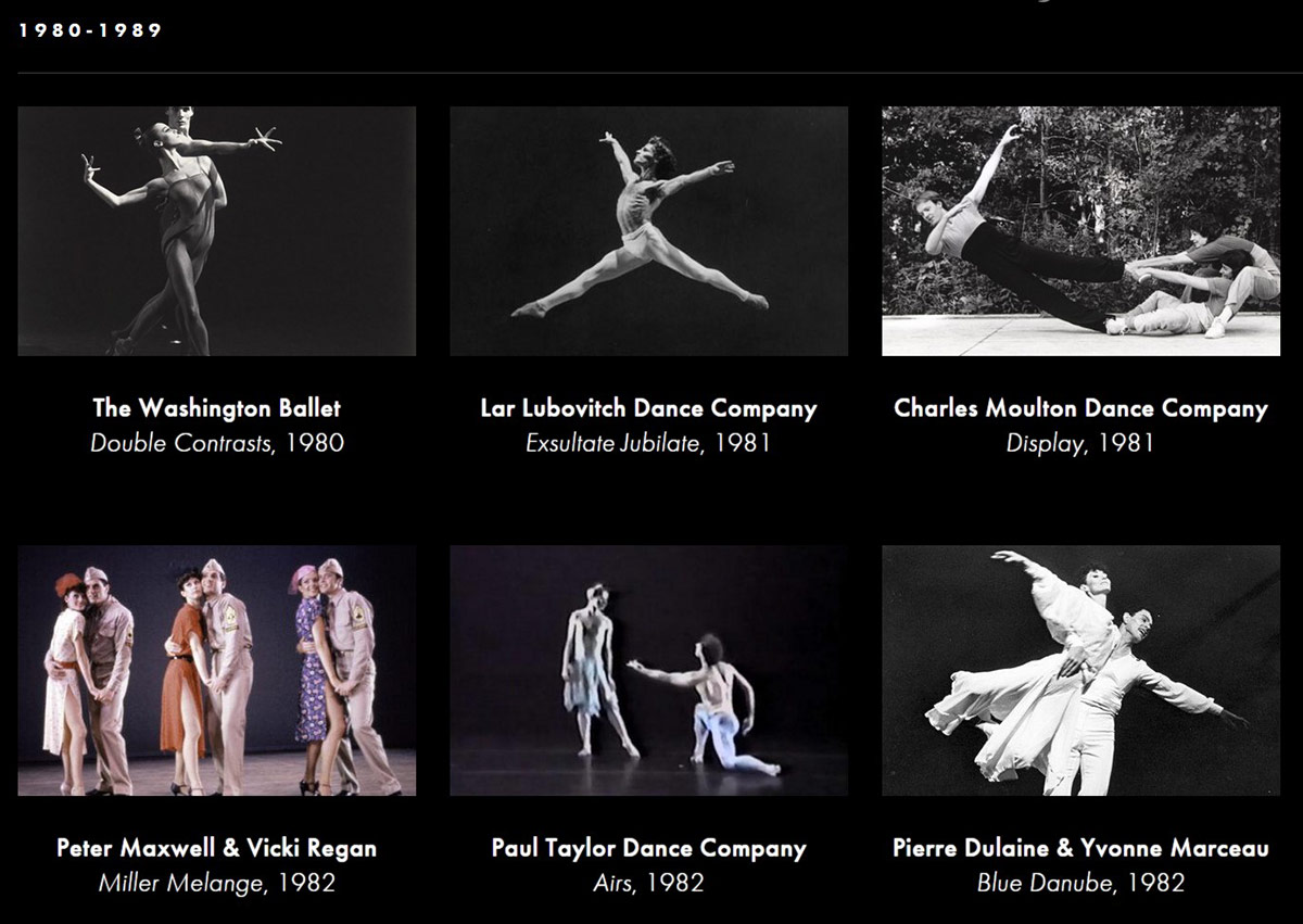 Crop from Jacob’s Pillow website of the first few videos of the decade.<br />© Jacob’s Pillow. (Click image for larger version)