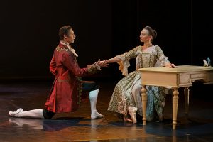 Abigail Prudames as the Marquise and Joseph Taylor as Valmont in Dangerous Liaisons.© Emma Kauldhar. (Click image for larger version)