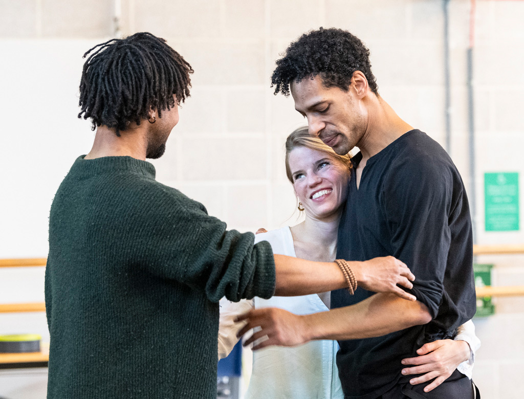 <I>City of a Thousand Trades</I> rehearsal: Miguel Altunaga, Hannah Rudd and Tyrone Singleton.<br />© Foteini Christofilopoulou. (Click image for larger version)